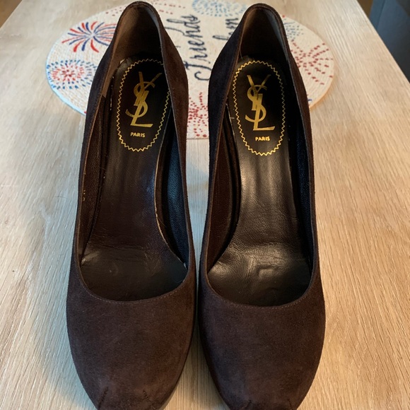 Yves Saint Laurent | Shoes | Ysl Chocolate Brown Suede Tribtoo 5 Pumps 38 | Poshmark